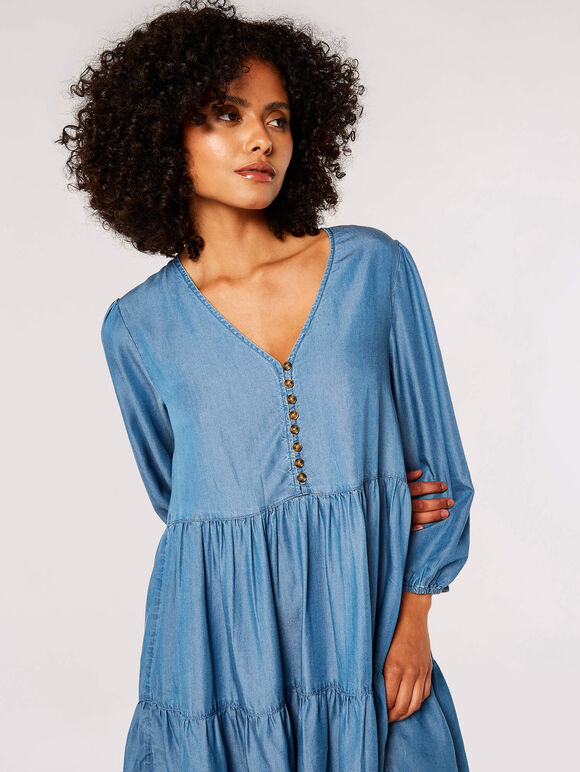 Denim Tiered Mini Dress, Blue, large