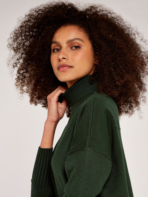 Roll Neck Knit Jumper Dress, Green, large