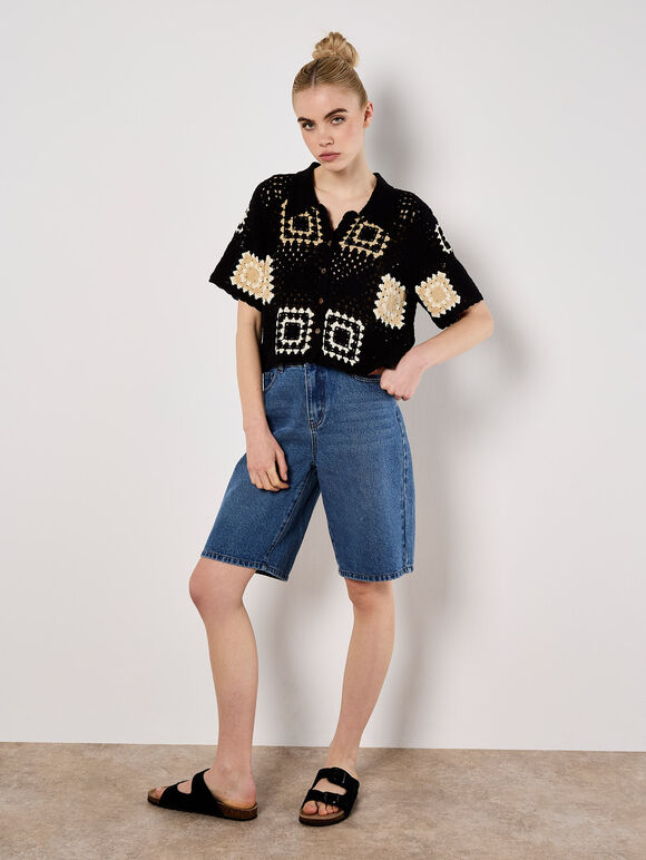 Crochet Squares Top, Black, large