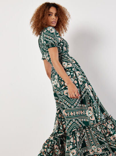 Scarf Print Smocked Maxi Dress