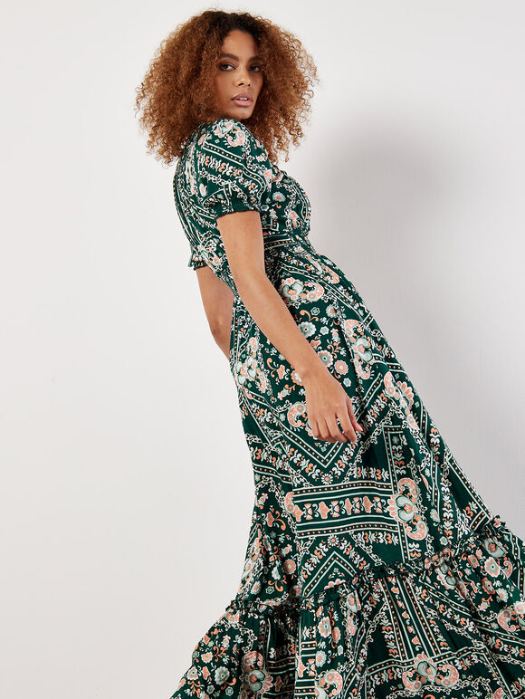 Scarf Print Smocked Maxi Dress, Green, large