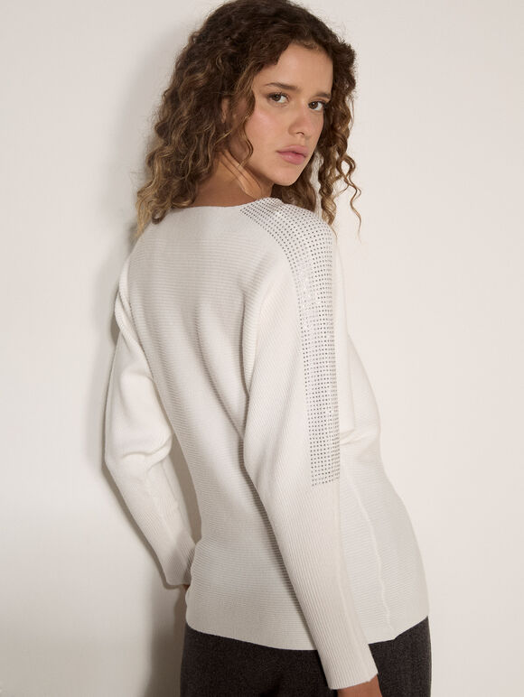 Diamante Embellished Ribbed Jumper, White, large