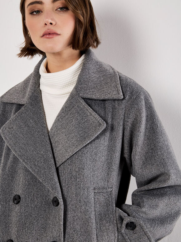 Tailored Short Peacoat Jacket, Dark Grey - Charcoal, large