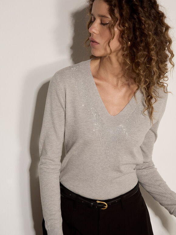 Diamante Embellished Jumper, Grey, large