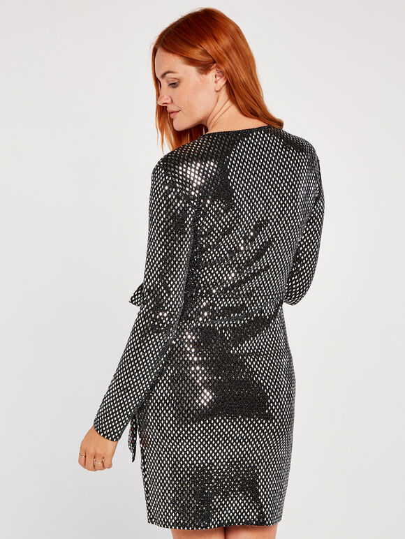 Mirror Diamond Sequin Wrap Dress, Black, large