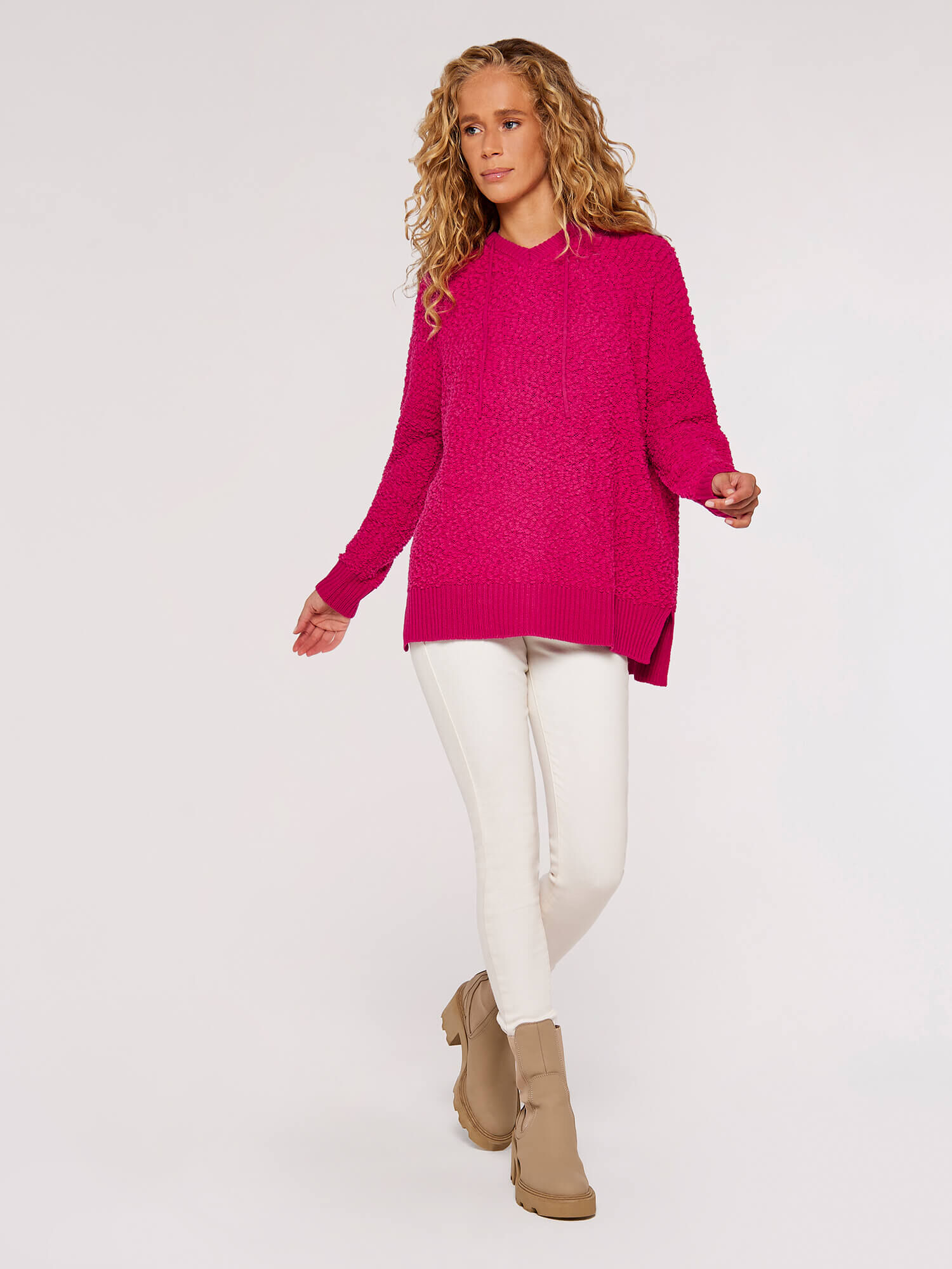 Popcorn Knit Hooded Jumper Apricot Clothing