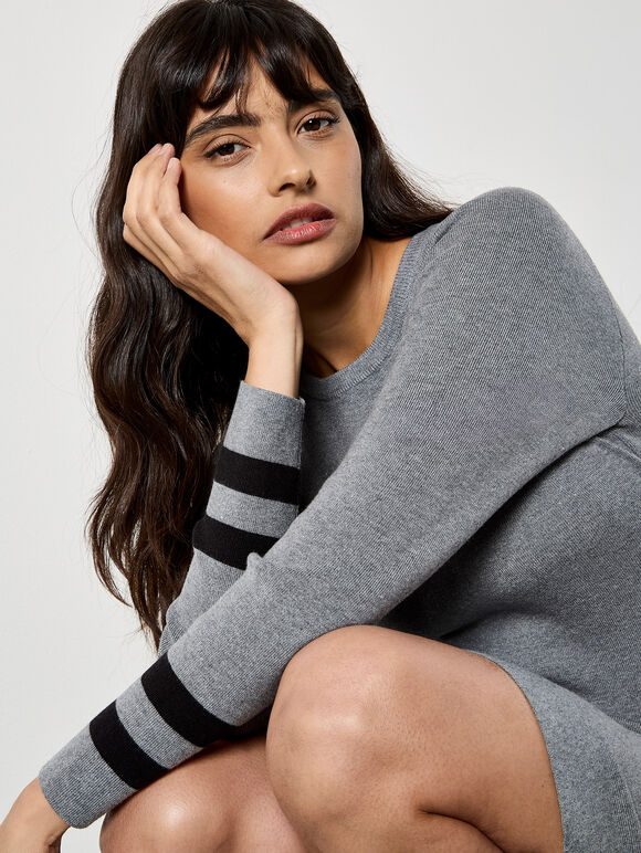 Stripe Cuff Fit And Flare Knit Mini Dress, Grey, large