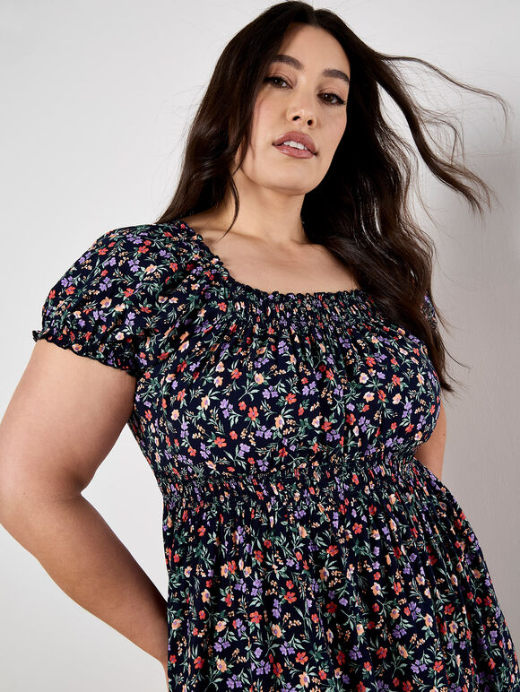 Garden Floral Milkmaid Midi Dress, Navy, large