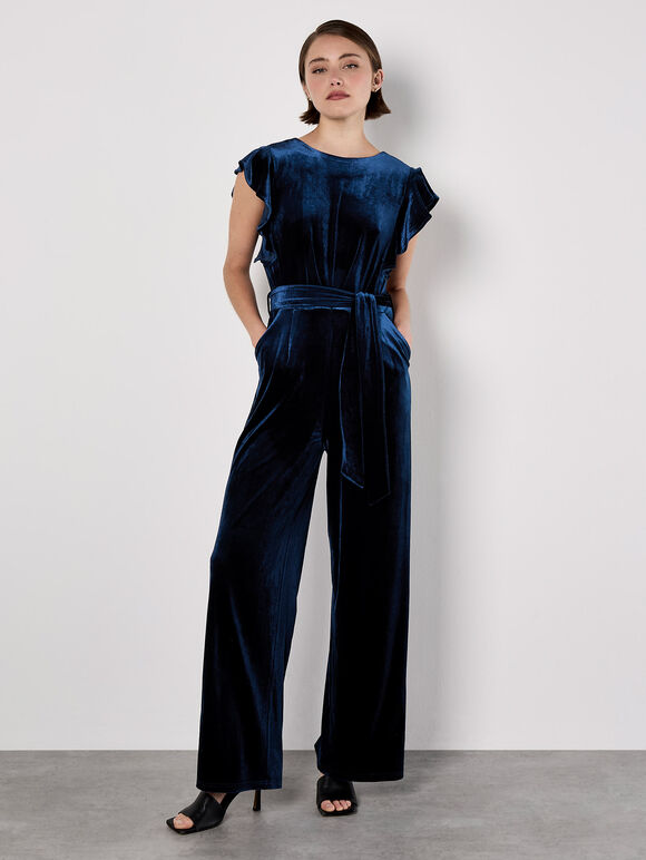 Wide Leg Velvet Ruffle Jumpsuit, Navy, large