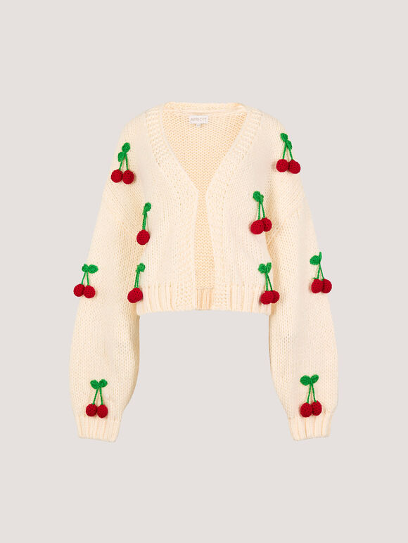 Chunky Knit Cherry Cardigan, Cream, large
