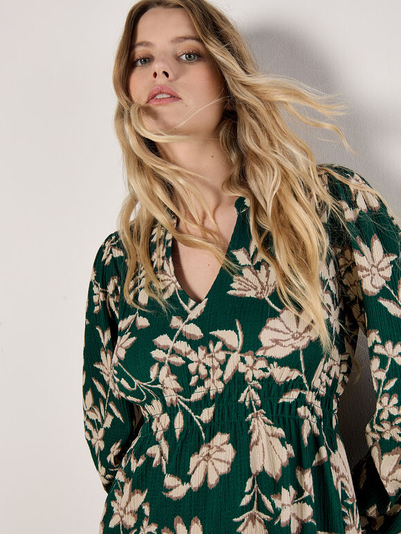 Crinkle Floral Mini Dress, Green, large