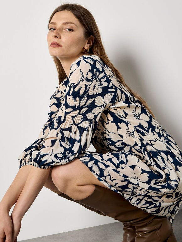 Silhouette Floral Chiffon Plisse Mini Dress, Navy, large