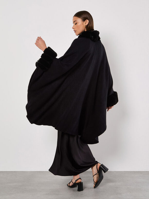 Faux Fur Trim Waterfall Cape, Black, large
