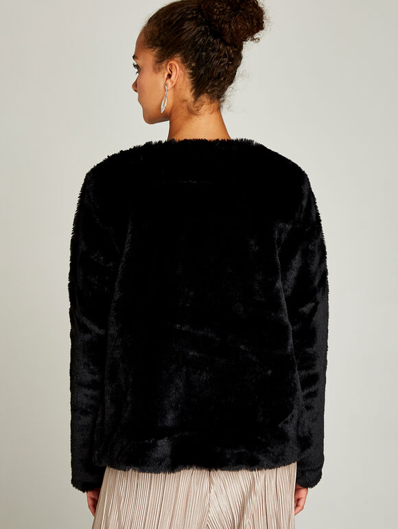 Faux Fur Short Crop Jacket, Black, large
