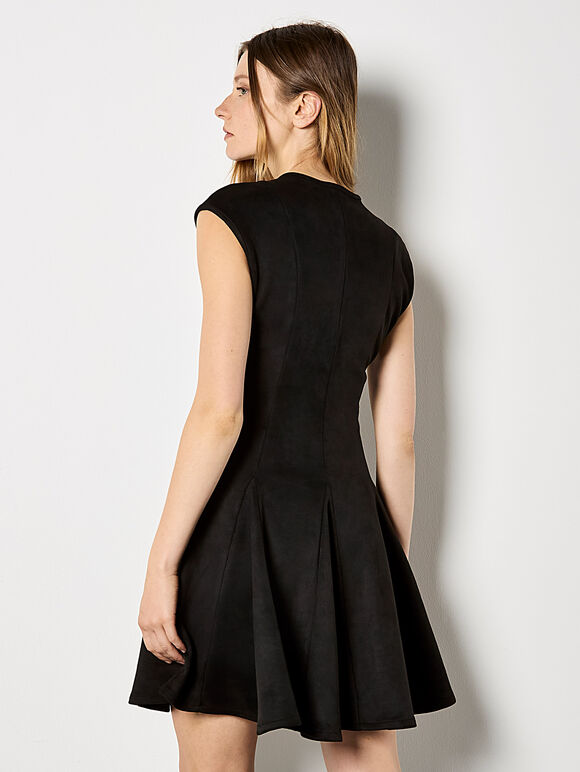 Suedette Godet Dress, Black, large