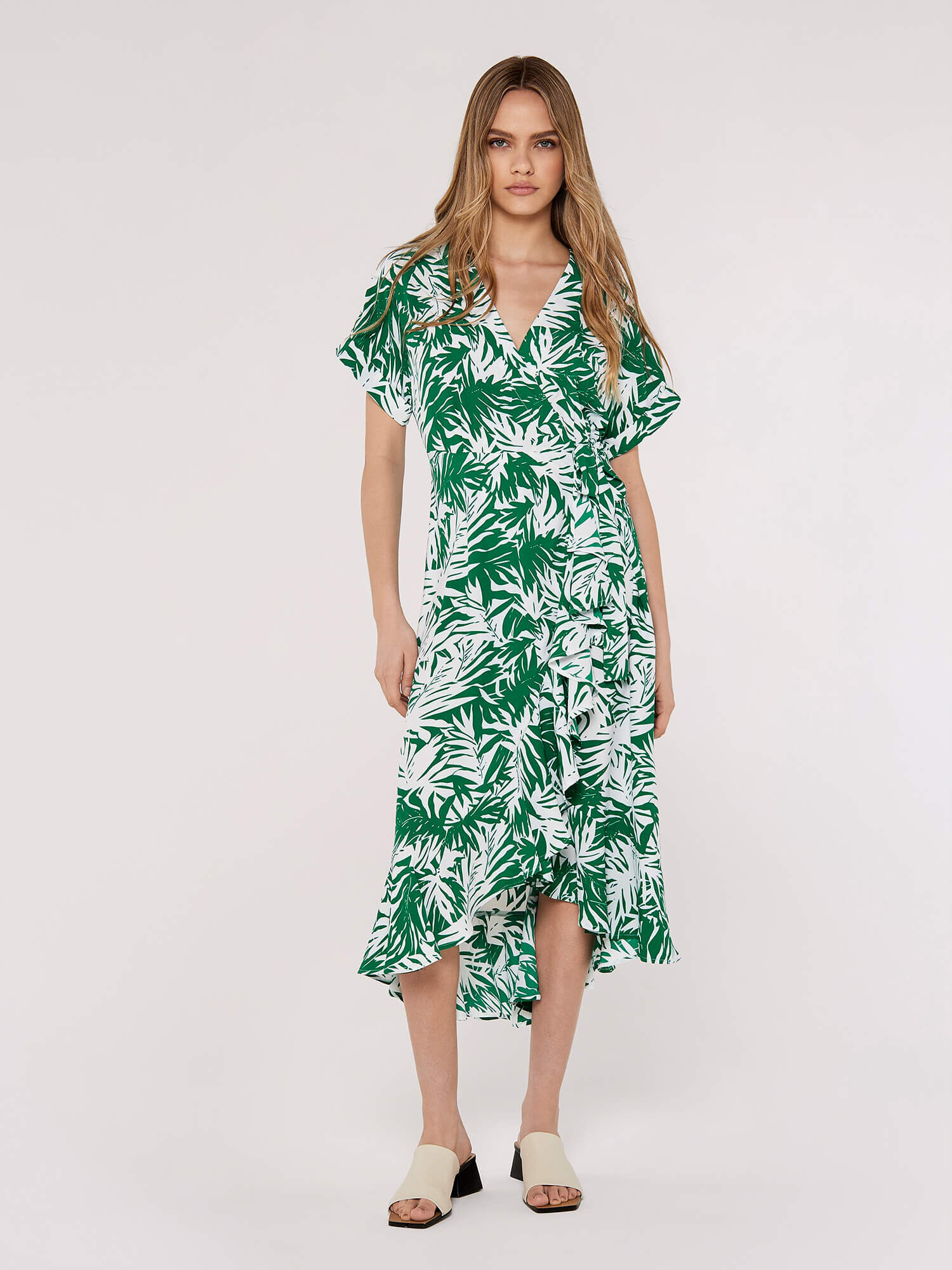 Leaf Print Midi Dress Apricot Clothing