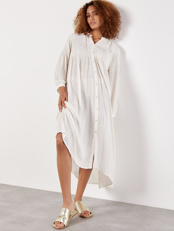 Shimmer Stripe Dobby Shirt Midi Dress, White, large