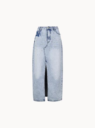 Amara Pearl Embellished Denim Midi Skirt