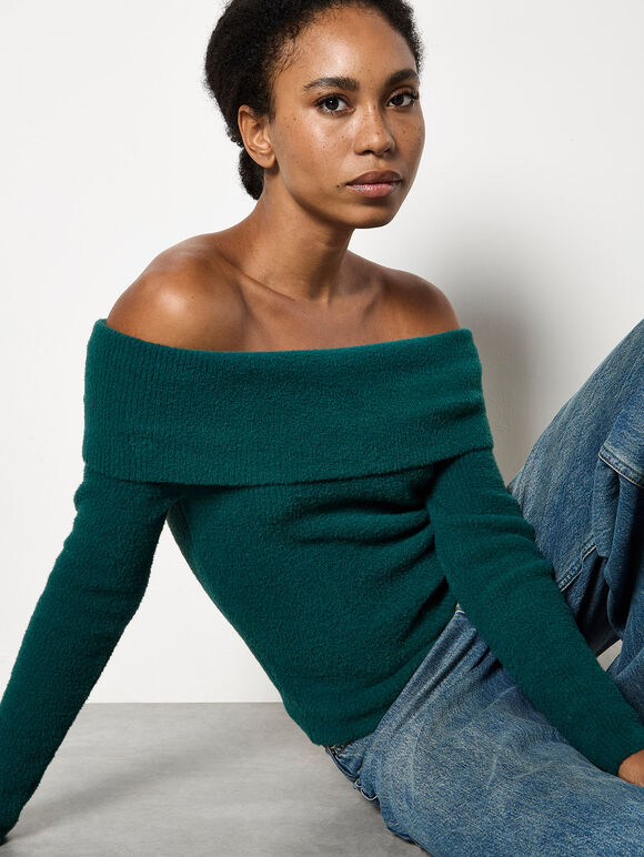 Fluffy Bardot Jumper, Green, large