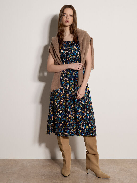 Ditsy Floral Print Milkmaid Midi Dress, Blue, large