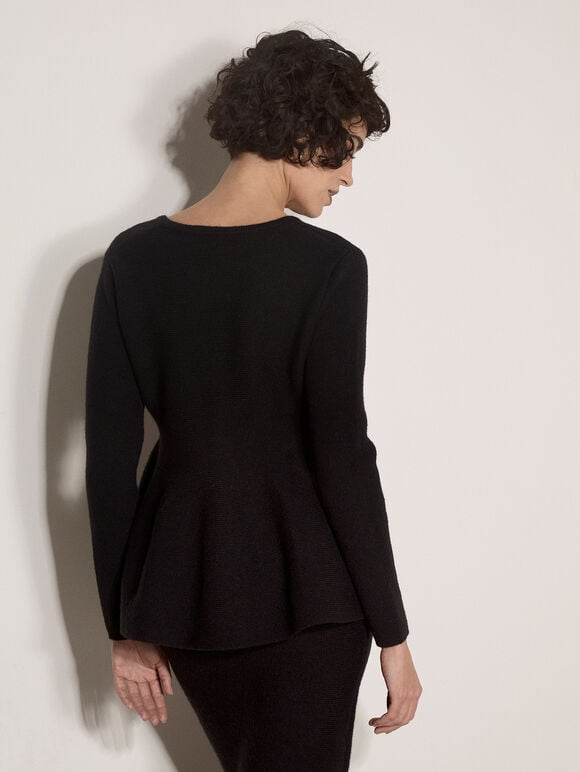 Peplum Hem Rbbed Knit Cardigan, Black, large