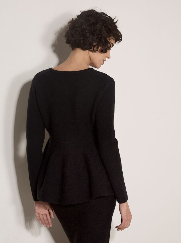 Peplum Hem Rbbed Knit Cardigan, Black, large