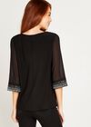 Gem Cuff Sheer Sleeve Top, Black, large