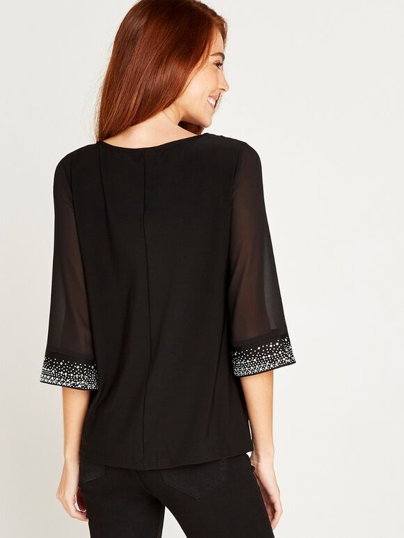 Gem Cuff Sheer Sleeve Top, Black, large