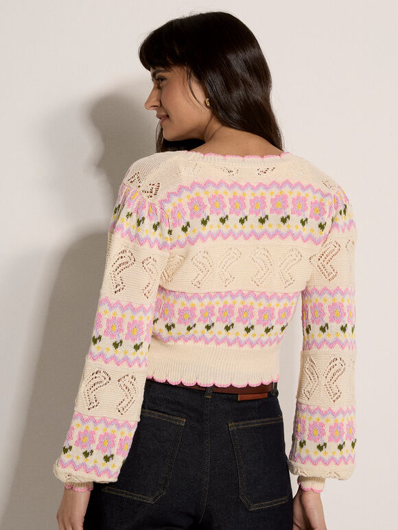 Pointelle Knit Butterfly Floral Cardigan, Stone, large