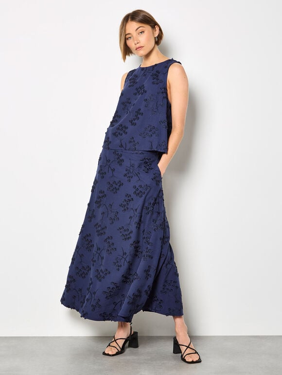 Embroidered Floral Linen Blend Midaxi Skirt, Navy, large