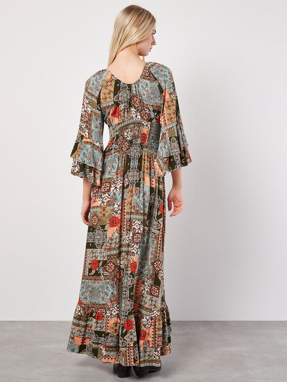 Patchwork Scarf Print Maxi Dress, Orange, large