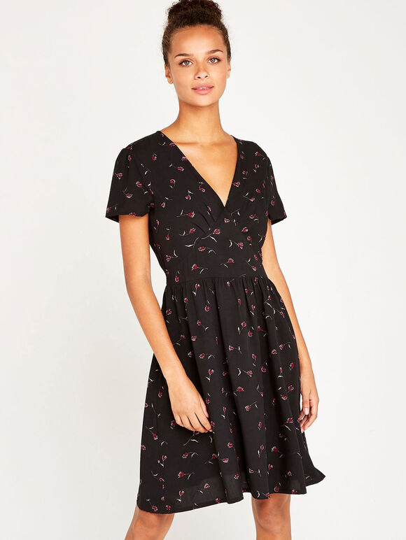 Black Vintage Ditsy Empire Dress, Black, large