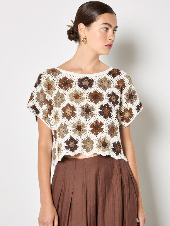 Hexagon Flowers Crochet Top, Rust, large