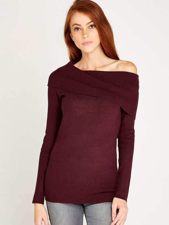 Ribbed Roll Neck Jumper, Burgundy, large