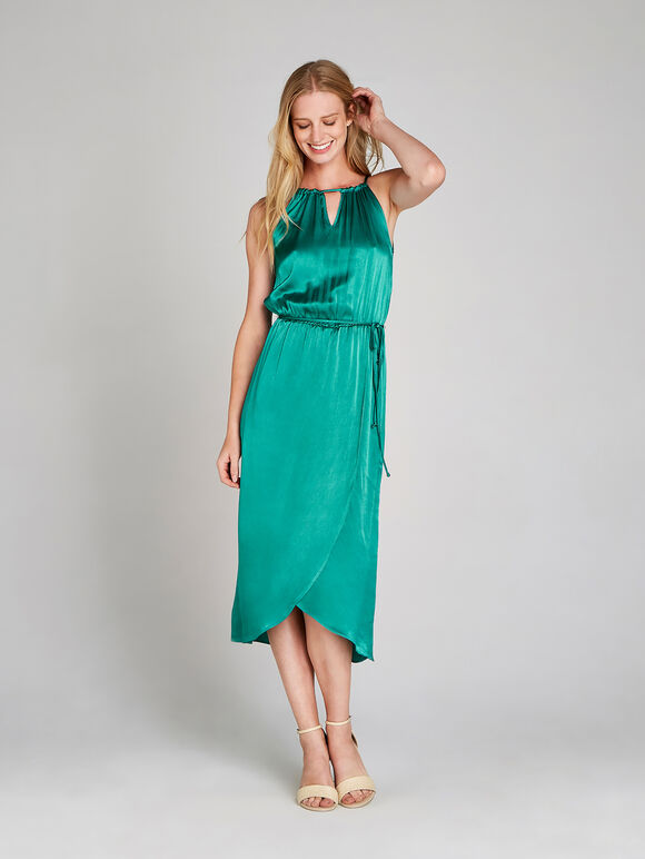 Halter Neck Wrap Dress, Green, large