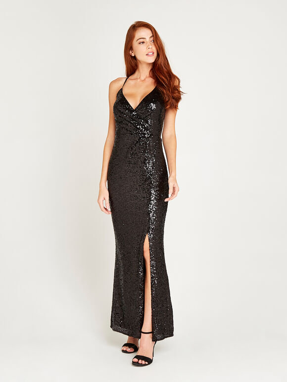 Split Front Sequin Maxi Dress, Black, large