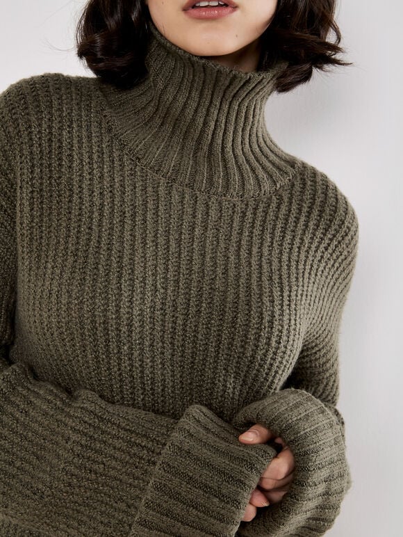 Boucle Knit Fisherman Jumper Mini Dress, Khaki, large