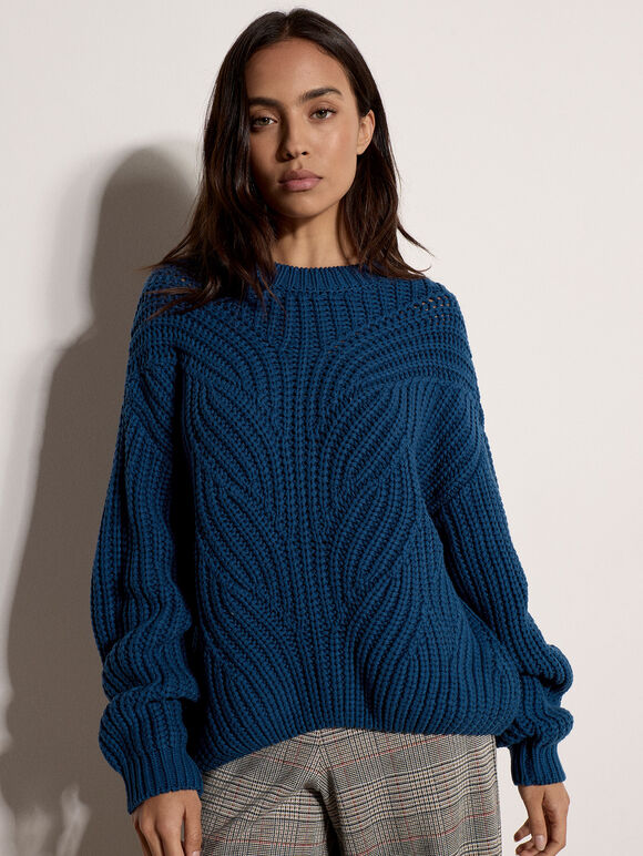 Chunky Cable Knit Jumper, Cobalt/Royal Blue, large