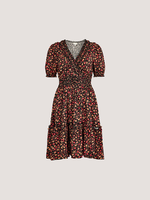 Ditsy Floral Smocked Mini Dress, Orange, large