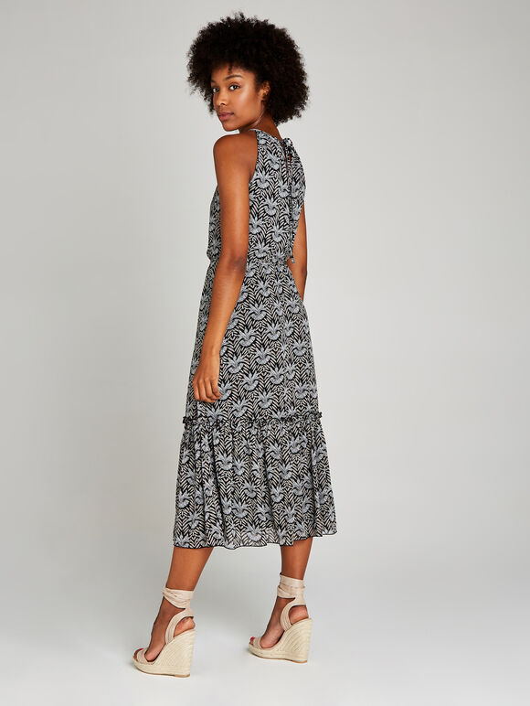 Black Leaf Ruffle Hem Midi Dress, Black, large