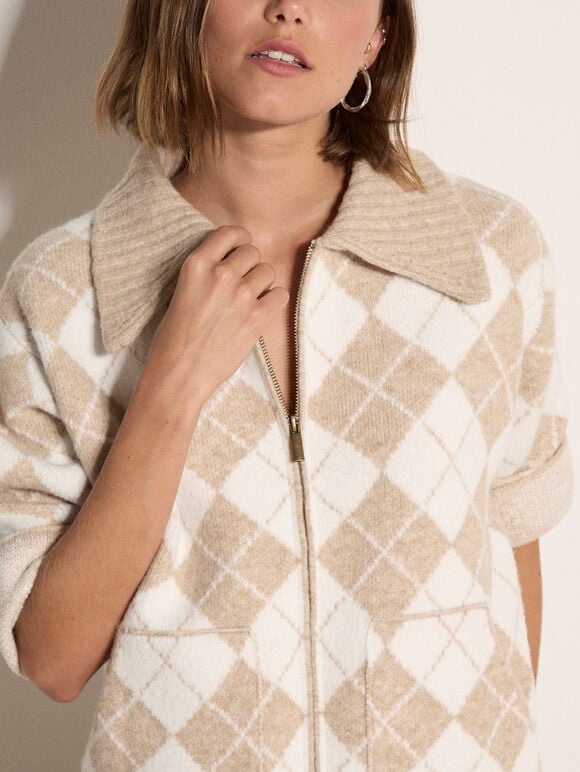 Argyle Zip Cardigan, Cream, large