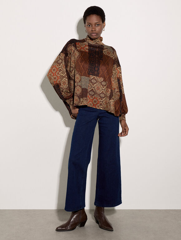 Patchwork Tapestry Roll Neck Top, Rust, large