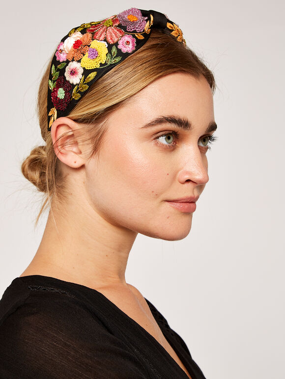 Floral Sequined Headband, Black, large