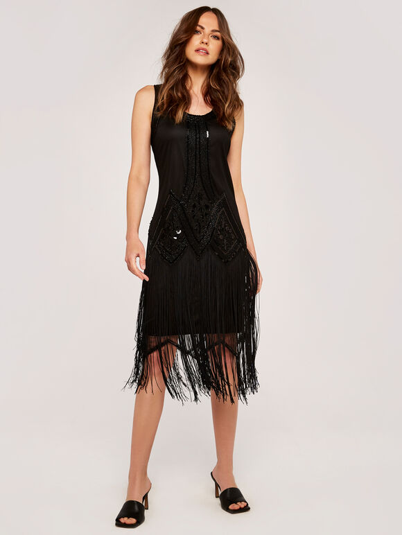 Beaded Tassel Dress, Black, large