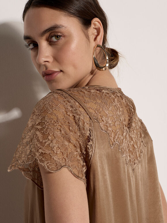 Lace Insert Satin Scarf Top, Gold, large