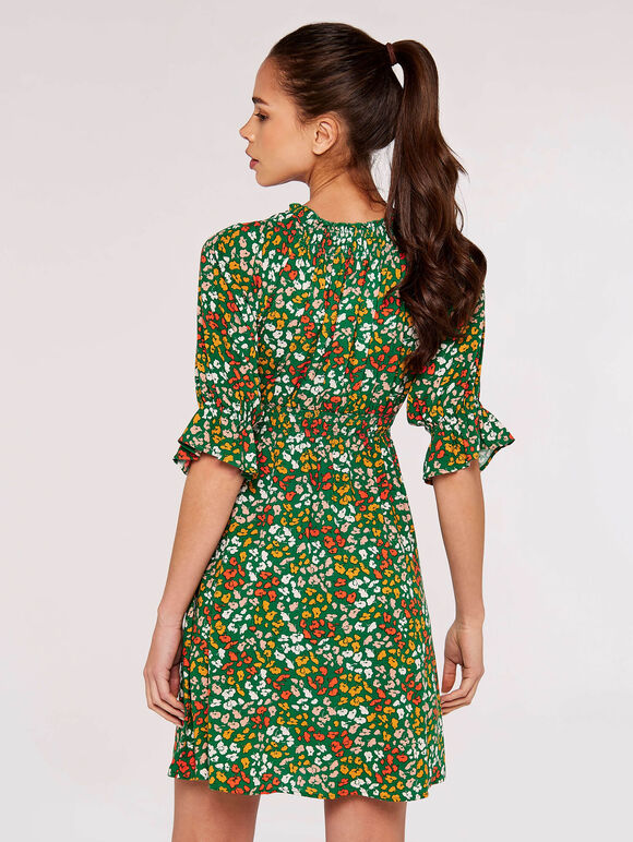 Ditsy Milkmaid Mini Dress, Green, large