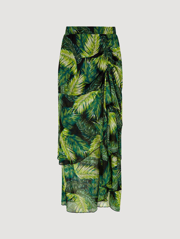 Tropical Leaf Chiffon Tiered Maxi Skirt, Green, large
