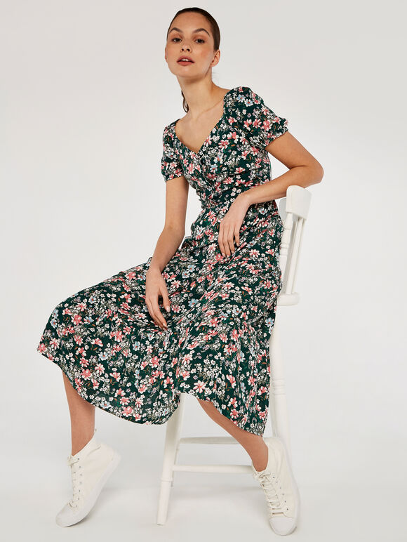 Ditsy Tiered Dress, Green, large