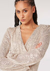 Sequin Wrap Bodycon Mini Dress, Stone, large