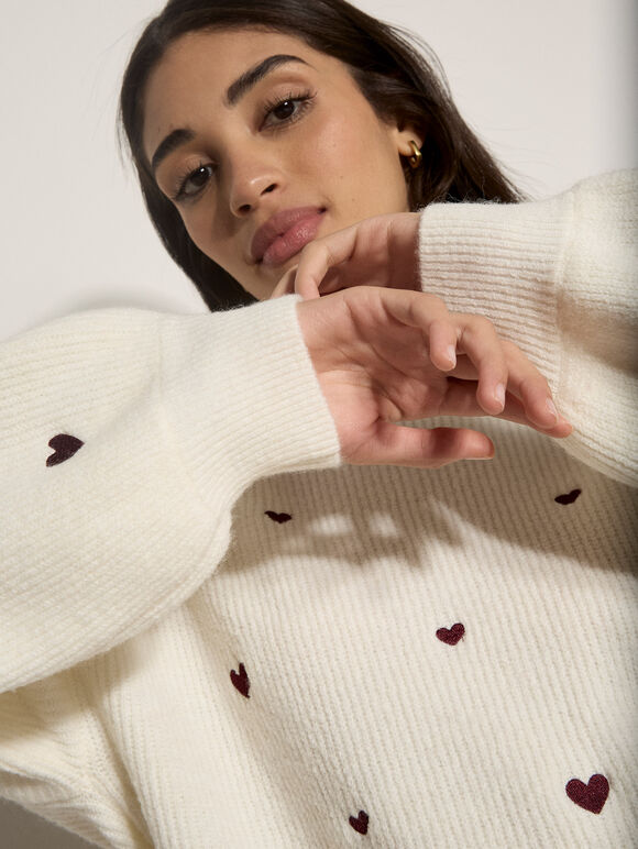 Embroidered Heart Jumper, Cream, large